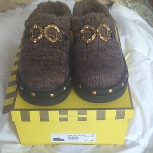 Brown Knit Slip-On Shoes with Gold Accents